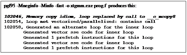 Text Box: pgf95 -Mneginfo -Minfo -fast -o xtgmm.exe prog.f  produces this:

102046, Memory copy idiom, loop replaced by call to __c_mcopy8
102054, Loop not vectorized/parallelized: contains call
102058, Generated an alternate loop for the inner loop
       Generated vector sse code for inner loop
       Generated 1 prefetch instructions for this loop
       Generated vector sse code for inner loop
       Generated 1 prefetch instructions for this loop
