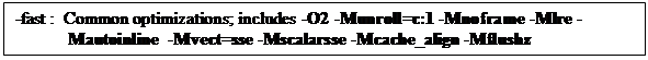 Text Box: -fast :  Common optimizations; includes -O2 -Munroll=c:1 -Mnoframe -Mlre -Mautoinline  -Mvect=sse -Mscalarsse -Mcache_align -Mflushz