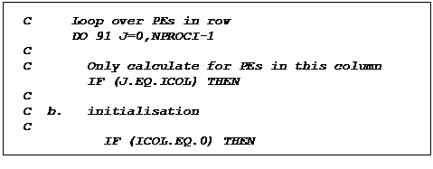 Text Box: C     Loop over PEs in row
      DO 91 J=0,NPROCI-1
C
C       Only calculate for PEs in this column
        IF (J.EQ.ICOL) THEN
C
C  b.   initialisation
C  
          IF (ICOL.EQ.0) THEN
