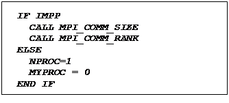 Text Box: IF IMPP
  CALL MPI_COMM_SIZE
  CALL MPI_COMM_RANK
ELSE
  NPROC=1
  MYPROC = 0
END IF
