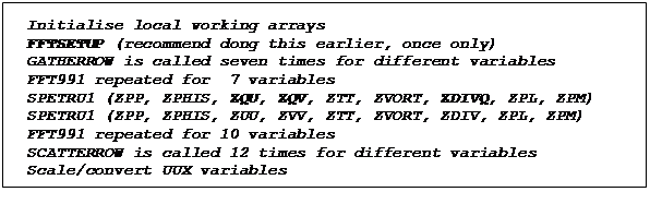Text Box: Initialise local working arrays
FFTSETUP (recommend dong this earlier, once only)
GATHERROW is called seven times for different variables
FFT991 repeated for  7 variables
SPETRU1 (ZPP, ZPHIS, ZQU, ZQV, ZTT, ZVORT, ZDIVQ, ZPL, ZPM)
SPETRU1 (ZPP, ZPHIS, ZUU, ZVV, ZTT, ZVORT, ZDIV, ZPL, ZPM)
FFT991 repeated for 10 variables
SCATTERROW is called 12 times for different variables
Scale/convert UUX variables
