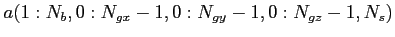 $ a(1:N_b, 0:N_{gx}-1,0:N_{gy}-1,0:N_{gz}-1,N_s)$