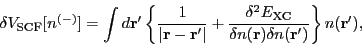 \begin{displaymath}
\delta V_{\textsc{scf}}[n^{(-)}] = \int d\mathbf{r^{\prime}...
... n(\mathbf{r^{\prime})}} \right\rbrace n(\mathbf{r^{\prime}}),
\end{displaymath}
