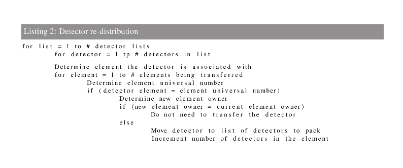 \begin{lstlisting}[label=detector_code,caption=Detector re-distribution]
for lis...
...detectors to pack
Increment number of detectors in the element
\end{lstlisting}