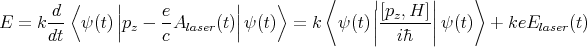          ⟨     |              |    ⟩     ⟨     |      |    ⟩
      -d       ||    e-        ||                ||[pz,H-]||
E =  kdt  ψ (t) |pz - c Alaser(t)|ψ(t)  = k  ψ (t)||  ih  ||ψ (t)  +  keElaser(t)
                                                                                            
                                                                                            
