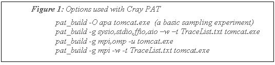Text Box: Figure 1: Options used with Cray PAT
pat_build -O apa tomcat.exe	(a basic sampling experiment)
pat_build -g sysio,stdio,ffio,aio w t TraceList.txt tomcat.exe
pat_build -g mpi,omp -u tomcat.exe
pat_build -g mpi -w -t TraceList.txt tomcat.exe
