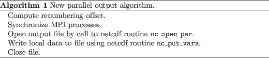 \begin{algorithm}
% latex2html id marker 49
[!!h]
\begin{algorithmic}
\State C...
...file.
\end{algorithmic}\caption{New parallel output algorithm.}
\end{algorithm}